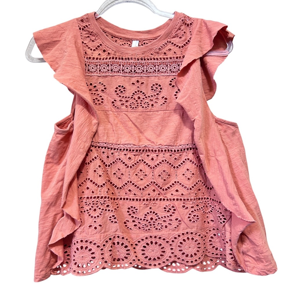 Anthropologie S Eyelet Flutter Sleeve Top Coral Pink Boho Ruffle Lace Crochet